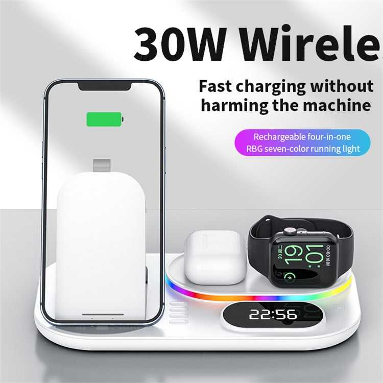A06 4-in-1 Phone Watch Earphone Wireless Charger Digital Clock 15W Phone Wireless Charging Stand with RGB Light (for Samsung Smart Watch) - Black
