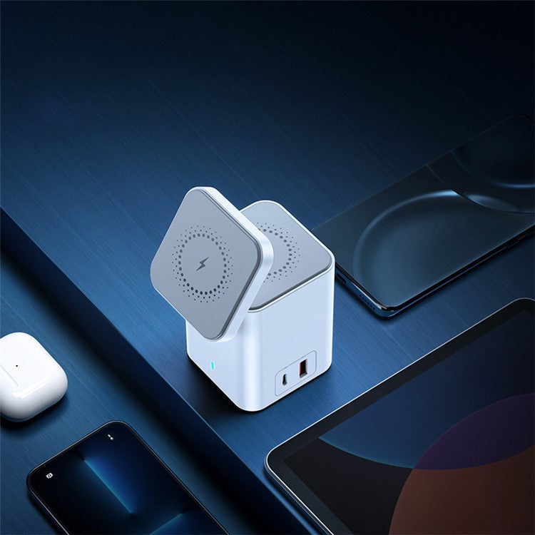XUNDD 041 4-in-1 Magnetic Wireless Charger 60-Degree Adjustable Charging Station with USB-A + Type-C Ports for Cell Phones, Headset