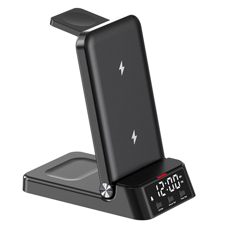 A60 4-in-1 15W Wireless Charger Folding Cell Phone Charging Stand with Clock Bluetooth Earbuds Smart Watch Charging Station (For Samsung Watch Version) - Black