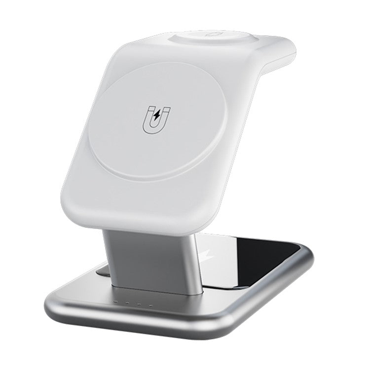 Y10 3-in-1 15W Magnetic Wireless Charger, for iPhone 12 / 13 / 14 Series / iWatch / AirPods Alloy+PC Desktop Charging Stand - White