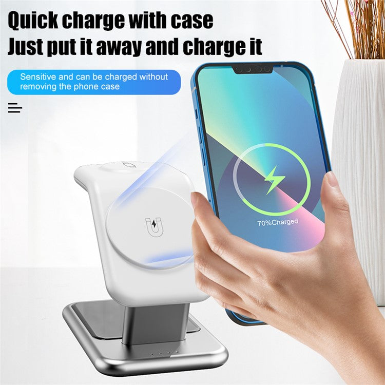 Y10 3-in-1 15W Magnetic Wireless Charger, for iPhone 12 / 13 / 14 Series / iWatch / AirPods Alloy+PC Desktop Charging Stand - White