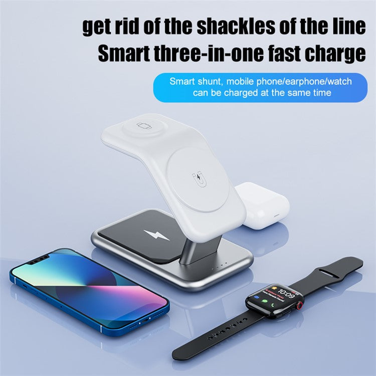 Y10 3-in-1 15W Magnetic Wireless Charger, for iPhone 12 / 13 / 14 Series / iWatch / AirPods Alloy+PC Desktop Charging Stand - White
