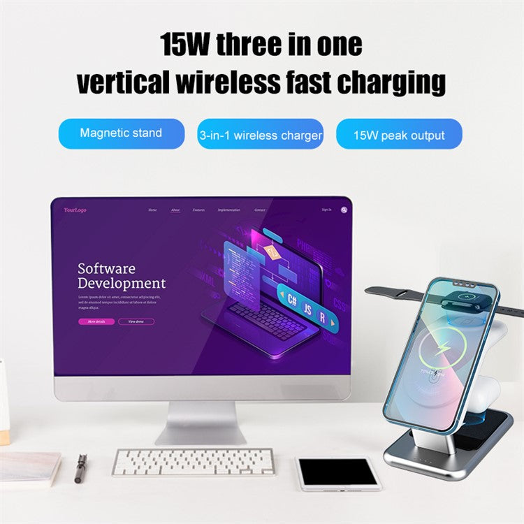 Y10 3-in-1 15W Magnetic Wireless Charger, for iPhone 12 / 13 / 14 Series / iWatch / AirPods Alloy+PC Desktop Charging Stand - White