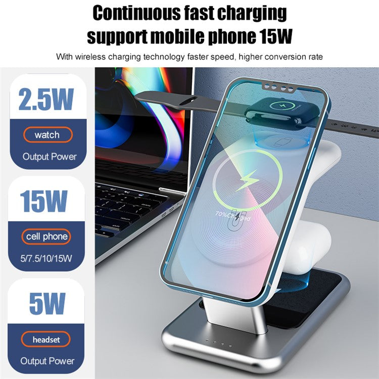 Y10 3-in-1 15W Magnetic Wireless Charger, for iPhone 12 / 13 / 14 Series / iWatch / AirPods Alloy+PC Desktop Charging Stand - Black