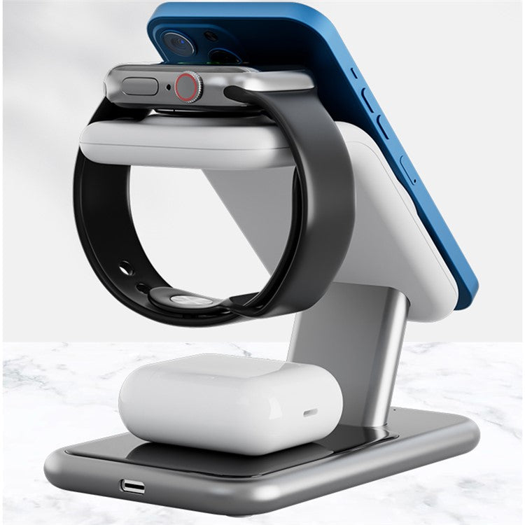 Y10 3-in-1 15W Magnetic Wireless Charger, for iPhone 12 / 13 / 14 Series / iWatch / AirPods Alloy+PC Desktop Charging Stand - Black