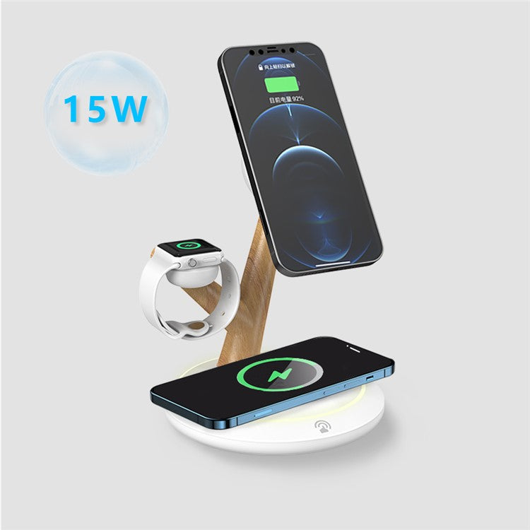 TH02 Tree Branch Design 3-in-1 15W Magnetic Wireless Charger, for iWatch / AirPods / Cellphone PC+ABS Desktop Charging Stand - White / Wood Color