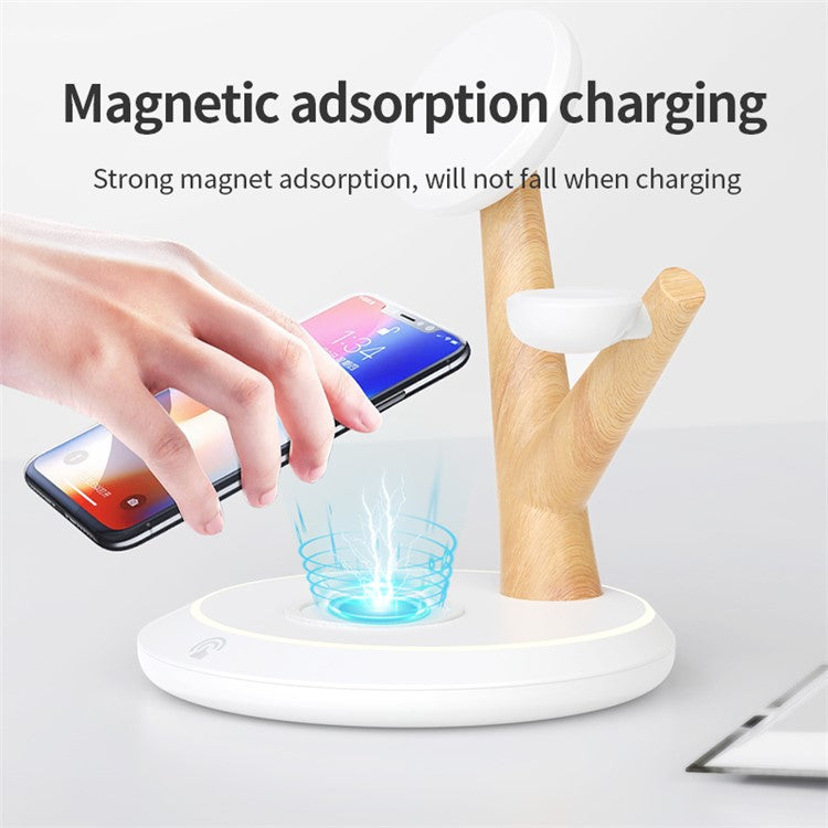 TH02 Tree Branch Design 3-in-1 15W Magnetic Wireless Charger, for iWatch / AirPods / Cellphone PC+ABS Desktop Charging Stand - White / Wood Color