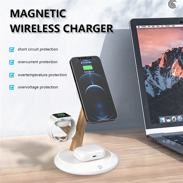 TH02 Tree Branch Design 3-in-1 15W Magnetic Wireless Charger, for iWatch / AirPods / Cellphone PC+ABS Desktop Charging Stand - Black / Wood Color