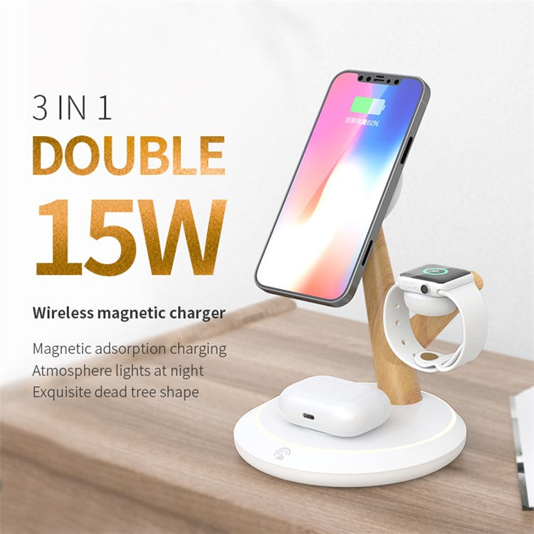 TH02 Tree Branch Design 3-in-1 15W Magnetic Wireless Charger, for iWatch / AirPods / Cellphone PC+ABS Desktop Charging Stand - Black / Wood Color