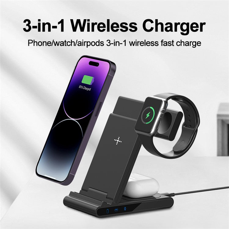 X1 3-in-1 Folding Wireless Charger for iPhone / iWatch / AirPods Portable Fast Charging Stand - Black
