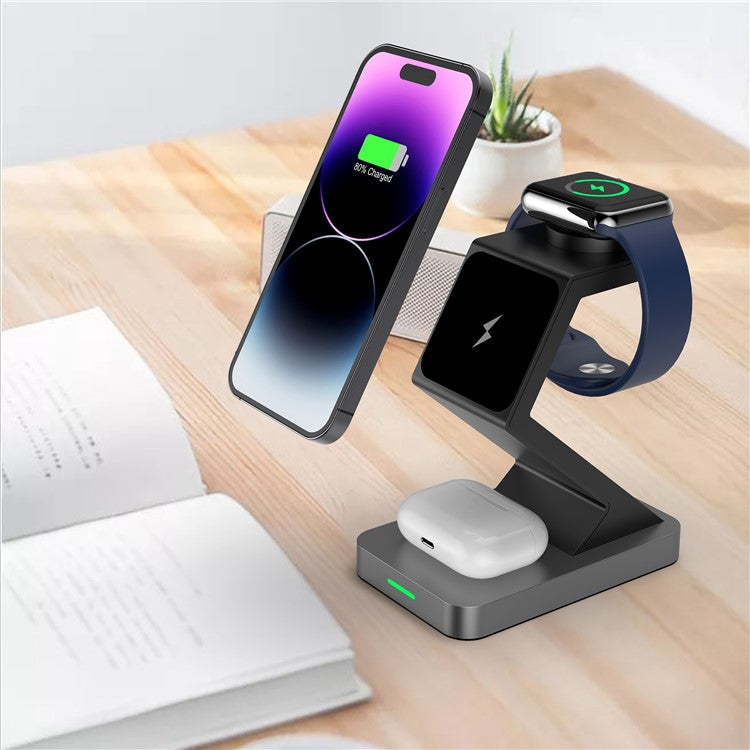 X3 15W Magnetic Wireless Charger for iPhone / iWatch / AirPods 3-in-1 Fast Charging Stand - Black
