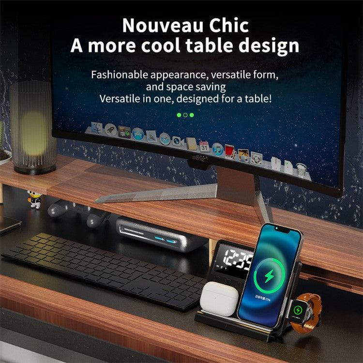 W528 3 in 1 Wireless Charger for Phone / Watch / Earphone Multi-function Phone Charging Holder Clock Night Light