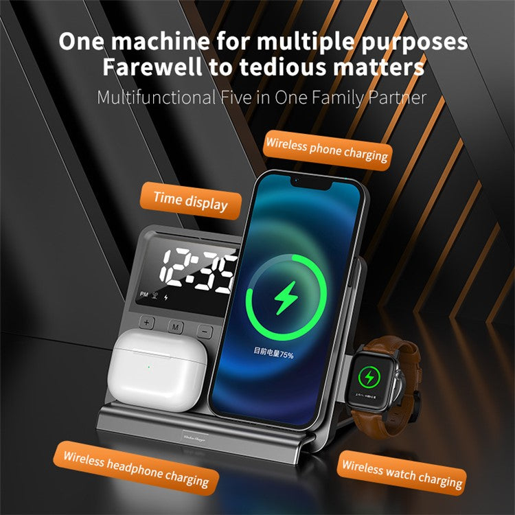 W528 3 in 1 Wireless Charger for Phone / Watch / Earphone Multi-function Phone Charging Holder Clock Night Light