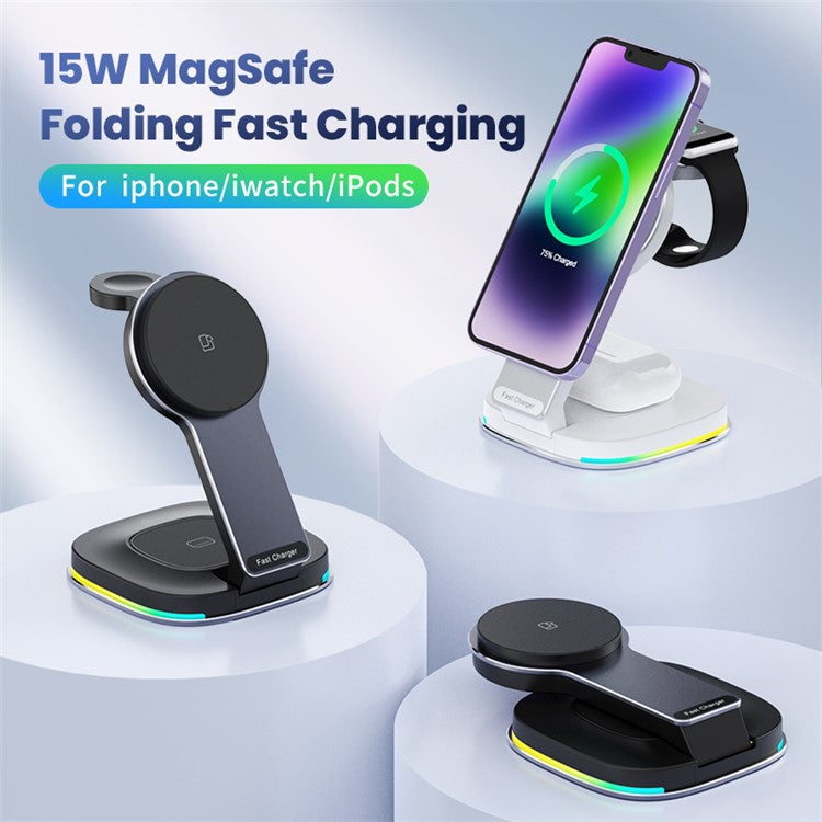 201 3-in-1 Folding Magnetic Wireless Charger Dock for iPhone / iWatch / AirPods - White