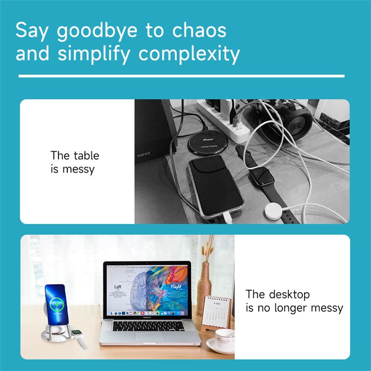 YN-21 3-in-1 15W Magnetic Wireless Charger Desktop Charging Stand for Cell Phone, Watch, Headset - White