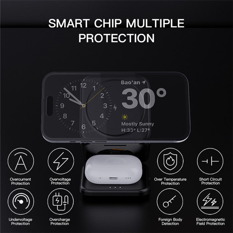 Z8 3-in-1 Foldable Charging Station 15W Magnetic Wireless Charger with Adjustable Angles - Black