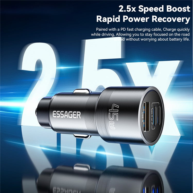 ESSAGER PD 45W Fast Charging Aluminum Alloy Type-C+Ip+USB-A 3-port Car Charger Adapter - Grey
