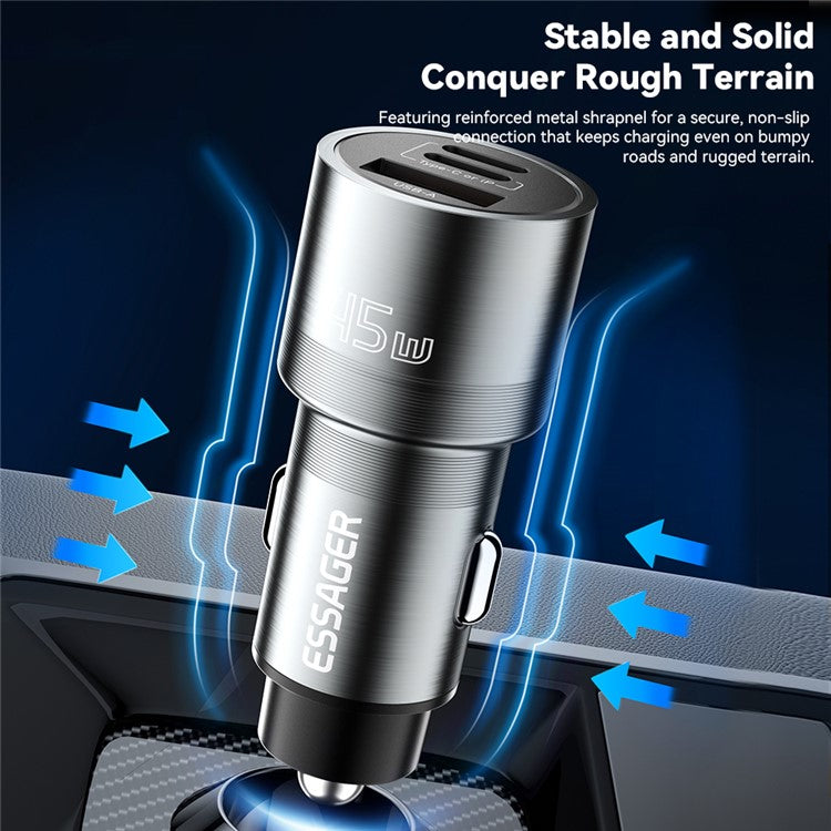 ESSAGER PD 45W Fast Charging Aluminum Alloy Type-C+Ip+USB-A 3-port Car Charger Adapter - Grey