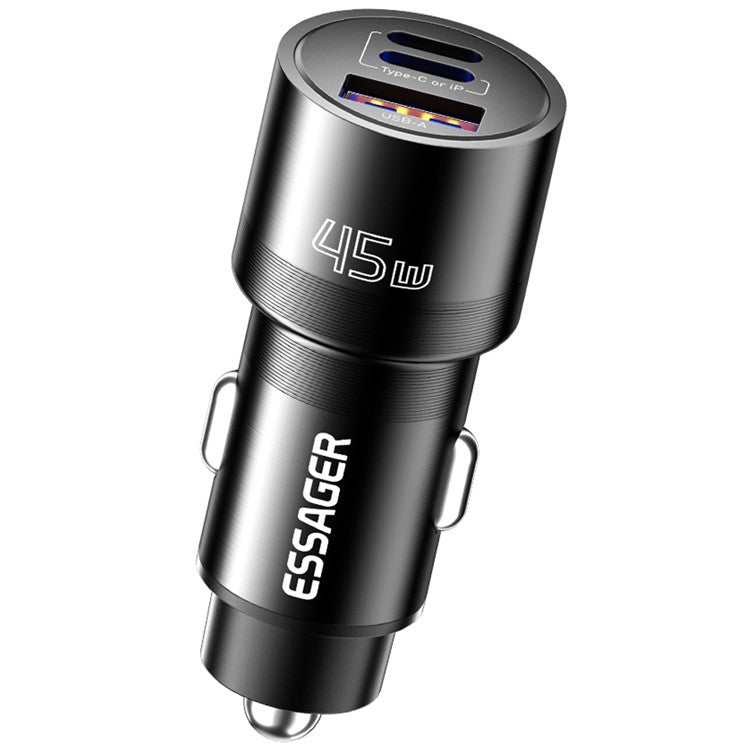 ESSAGER PD 45W Fast Charging Aluminum Alloy Type-C+iP+USB-A 3-port Car Charger Adapter - Black