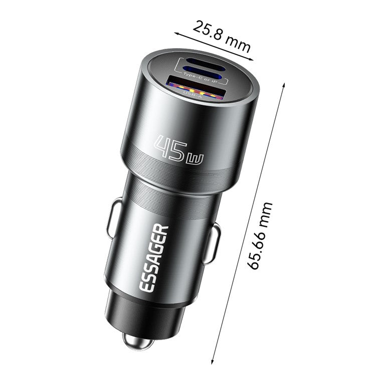 ESSAGER PD 45W Fast Charging Aluminum Alloy Type-C+iP+USB-A 3-port Car Charger Adapter - Black