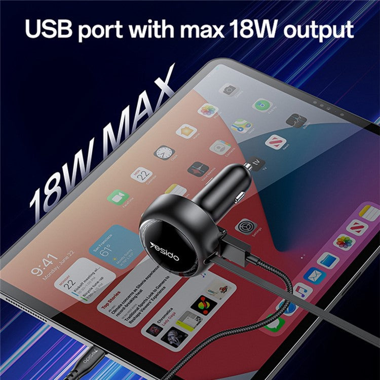 YESIDO Y61 53W Fast Charging Car Charger with USB Port and 2-in-1 Retractable Ip+Type-C Cable