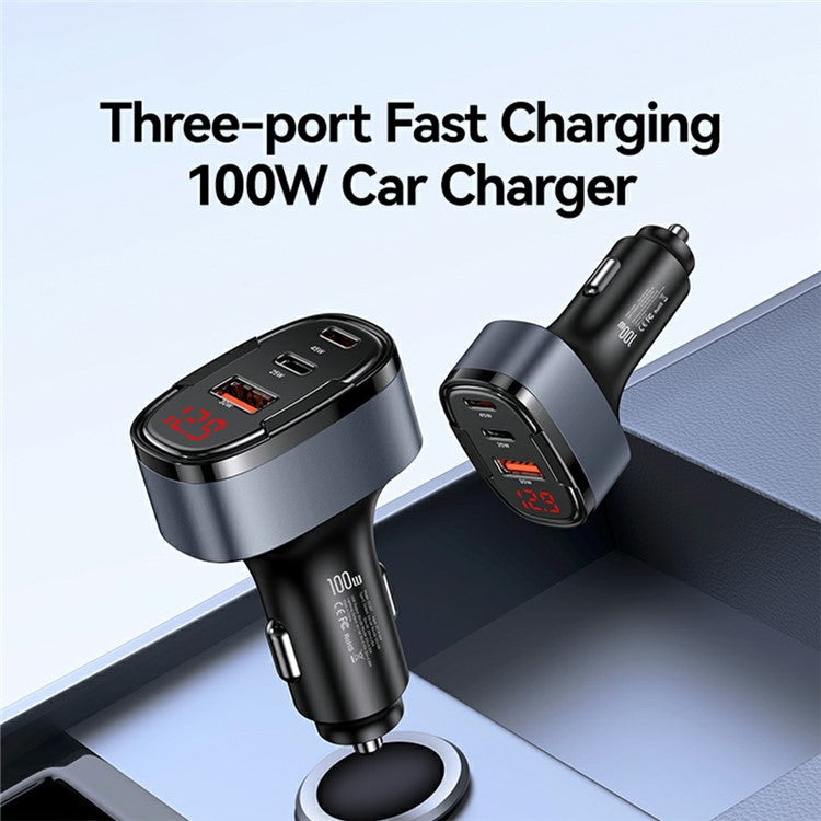 USAMS CC257 C42 100W Type-C + USB + iP Three Ports Aluminum Alloy Fast Car Charger
