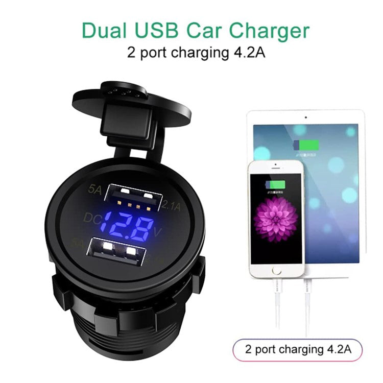 2.1A Dual USB Car Charger Socket with Digital Voltage Display for iPhone iPad Camera
