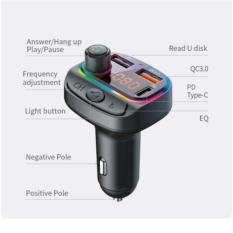 C14 Colorful Light Dual USB Car Bluetooth MP3 Music Player FM QC3.0 PD Fast Speed Phone Charger