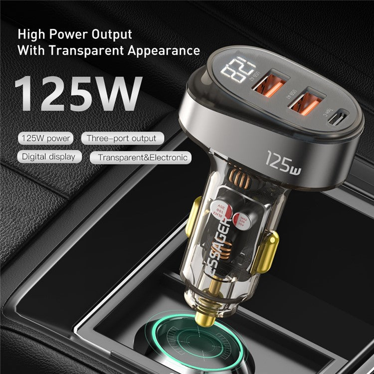 ESSAGER 125W Transparent Dual USB + 1 Type-C Phone Fast Charging Car Charger Digital Display Power Adapter - Coffee