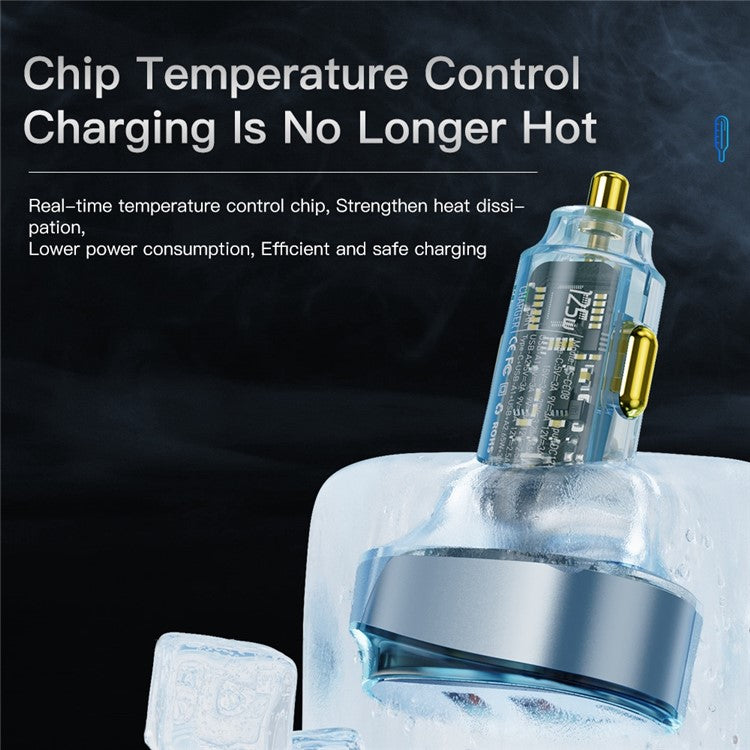 ESSAGER 125W Transparent Dual USB + 1 Type-C Phone Fast Charging Car Charger Digital Display Power Adapter - Coffee