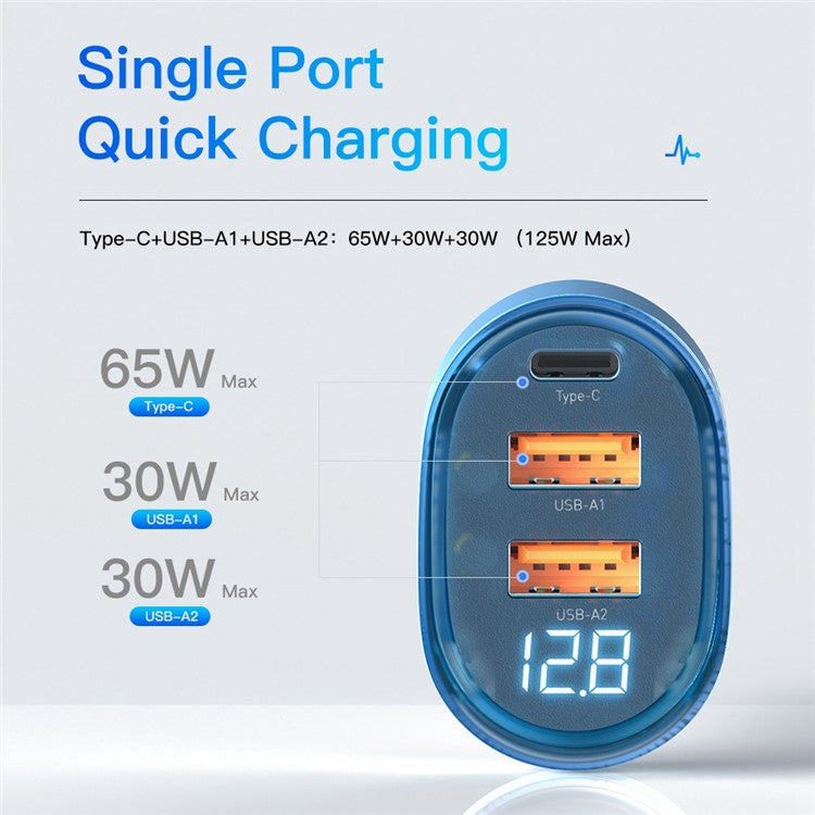 ESSAGER 125W Transparent Dual USB + 1 Type-C Phone Fast Charging Car Charger Digital Display Power Adapter - Coffee