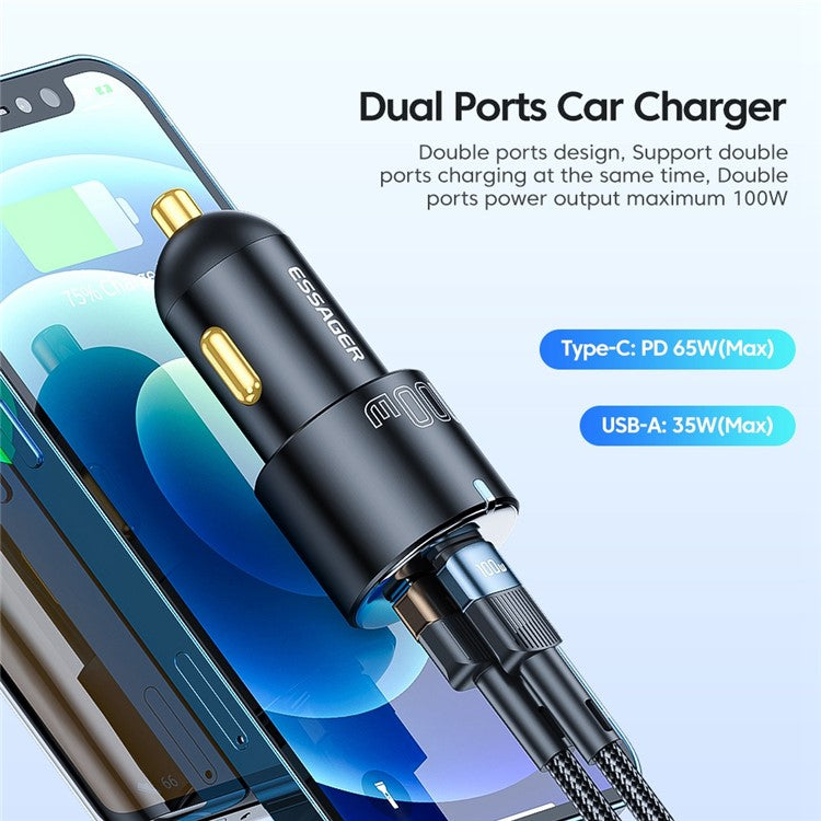 ESSAGER F698 Max 100W USB-A + Type-C Dual Port Car Charger Fast Charging Adapter