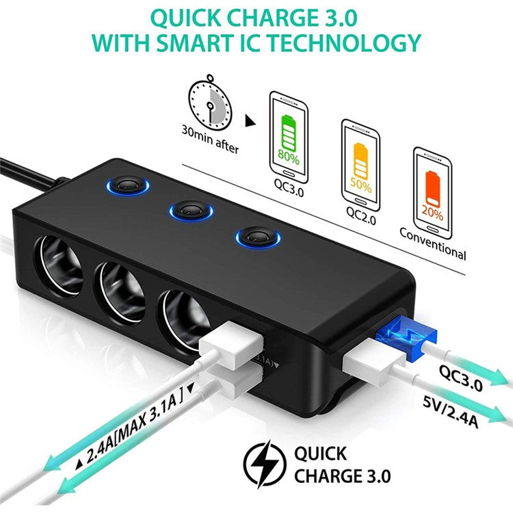 TR30 120W 4 USB Ports Car Charger 3 Cigarette Lighter Sockets Voltage Digital Display QC3.0 Charging Adapter with Independent Switch