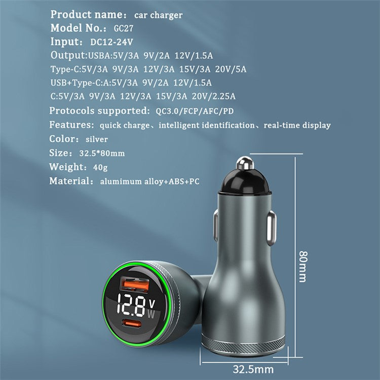 GC-27 100W QC3.0 USB + Type-C PD Phone Fast Charging Car Charger Digital Display Power Adapter (CE Certificated)