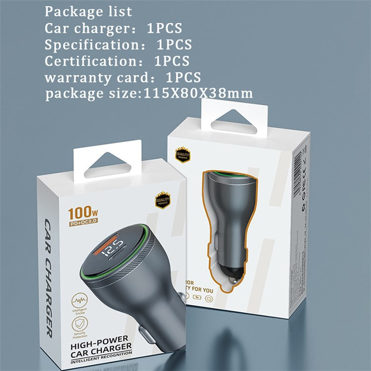 GC-27 100W QC3.0 USB + Type-C PD Phone Fast Charging Car Charger Digital Display Power Adapter (CE Certificated)