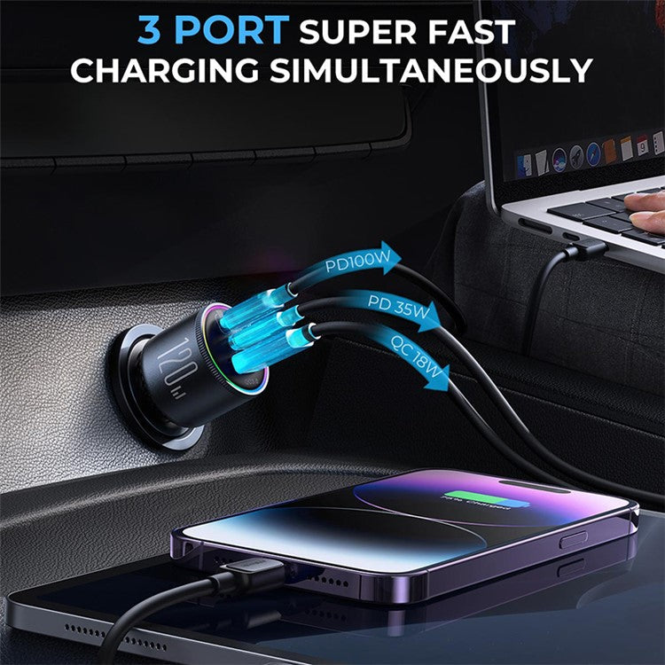 JOYROOM JR-CCN07 120W Super Fast Charging 3-Port Car Charger 2 Type-C + USB Car Charger Set with Type-C to Type-C Data Cable