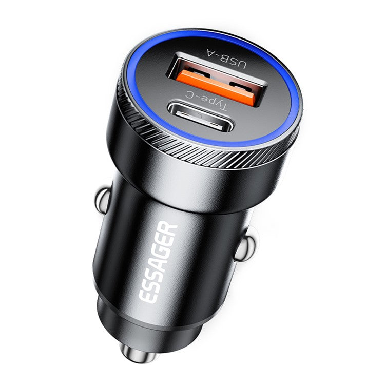 ESSAGER 54W USB+Type-C Phone Fast Charging Adapter ABS+Aluminum Alloy Mini Car Charger - Black