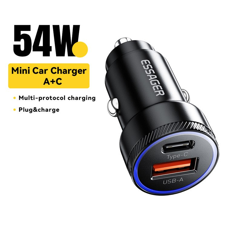 ESSAGER 54W USB+Type-C Phone Fast Charging Adapter ABS+Aluminum Alloy Mini Car Charger - Black