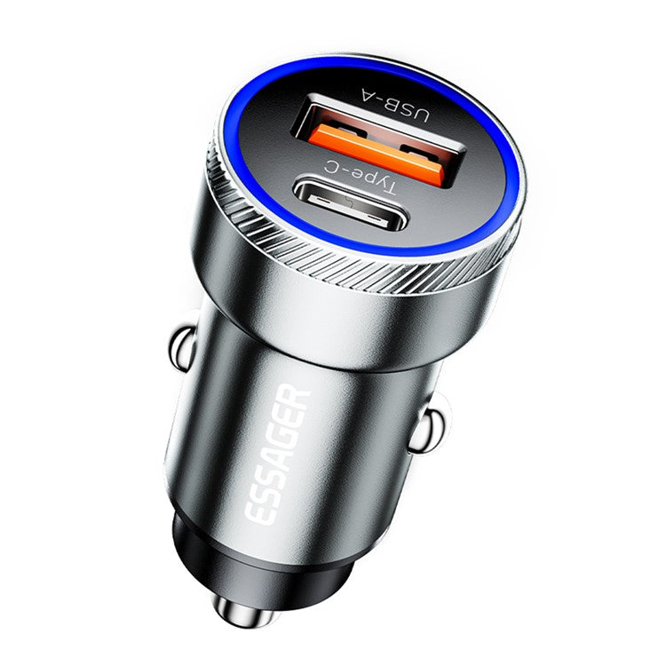ESSAGER 54W USB+Type-C Phone Fast Charging Adapter ABS+Aluminum Alloy Mini Car Charger - Grey