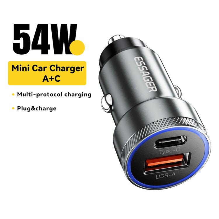 ESSAGER 54W USB+Type-C Phone Fast Charging Adapter ABS+Aluminum Alloy Mini Car Charger - Grey