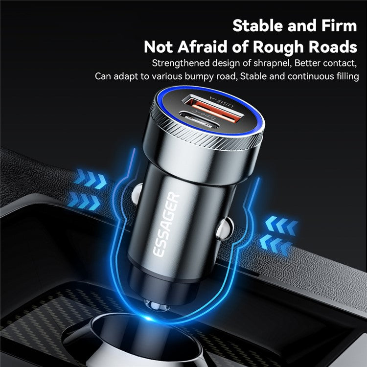 ESSAGER 54W USB+Type-C Phone Fast Charging Adapter ABS+Aluminum Alloy Mini Car Charger - Grey