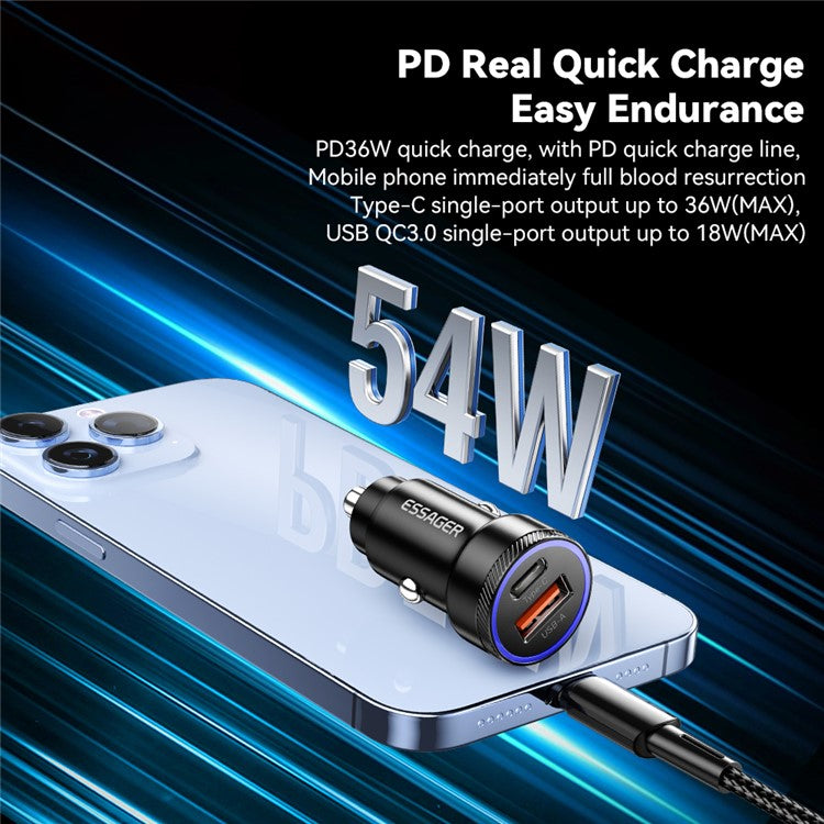 ESSAGER 54W USB+Type-C Phone Fast Charging Adapter ABS+Aluminum Alloy Mini Car Charger - Grey