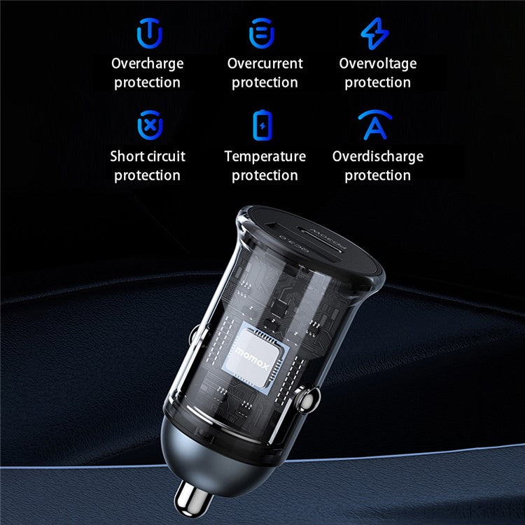 MOMAX PD 30W Type-C+USB Phone Fast Charging Adapter ABS+Aluminum Alloy Car Charger (CE Certified) - Dark Grey