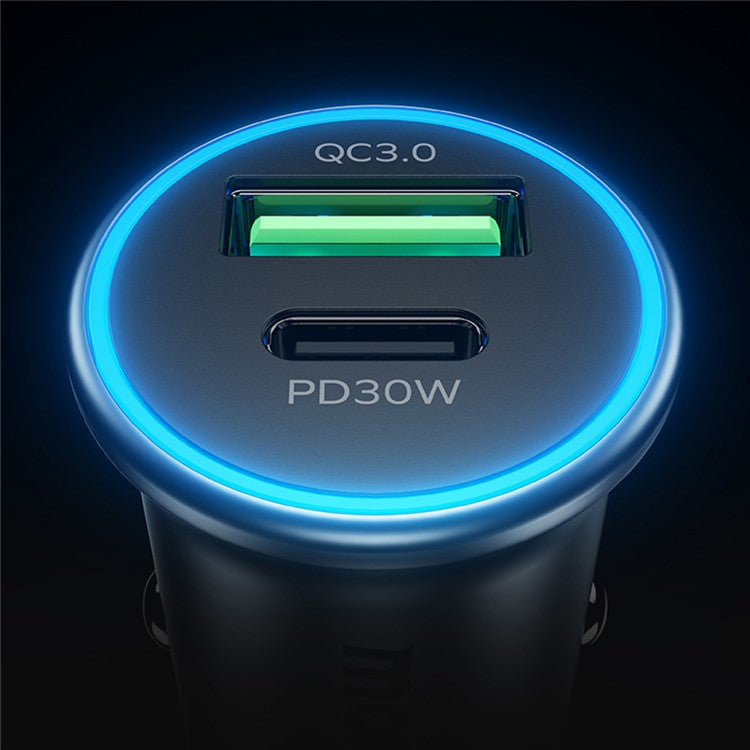 MOMAX PD 30W Type-C+USB Phone Fast Charging Adapter ABS+Aluminum Alloy Car Charger (CE Certified) - Dark Grey