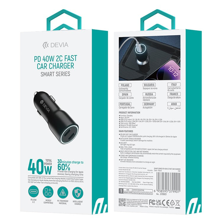 DEVIA Smart Series Dual Type-C Car Charger PD 40W Fast Charging Phone Charger Adapter