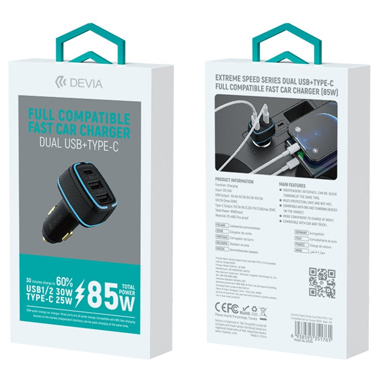 DEVIA Extreme Speed Series EA191 Cigarette Lighter Fast Charger Dual USB+Type-C 85W Car Phone Charger