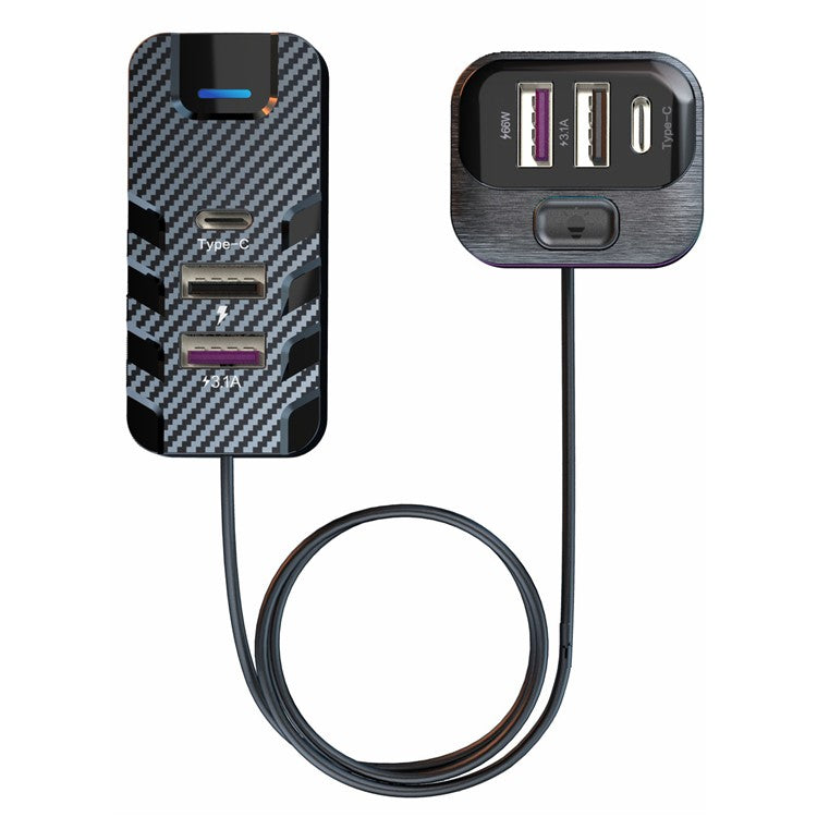 YQ2 4 USB + 2 Type-C Car Charger with 1.5m Extension Cable for Front and Rear Seats