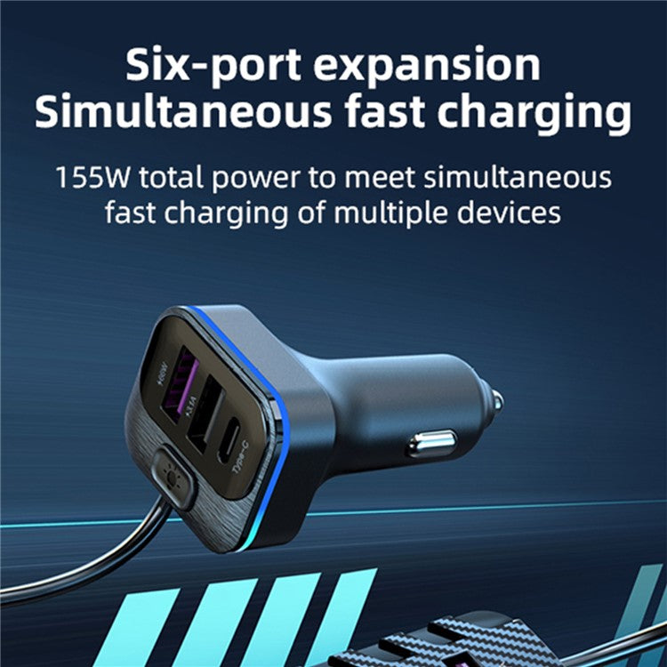 YQ2 4 USB + 2 Type-C Car Charger with 1.5m Extension Cable for Front and Rear Seats