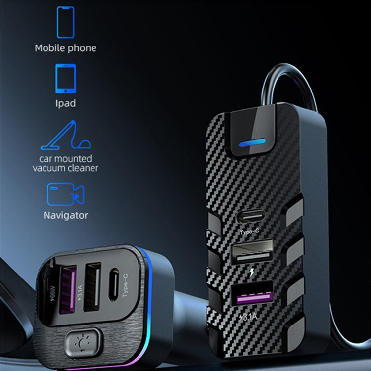 YQ2 4 USB + 2 Type-C Car Charger with 1.5m Extension Cable for Front and Rear Seats