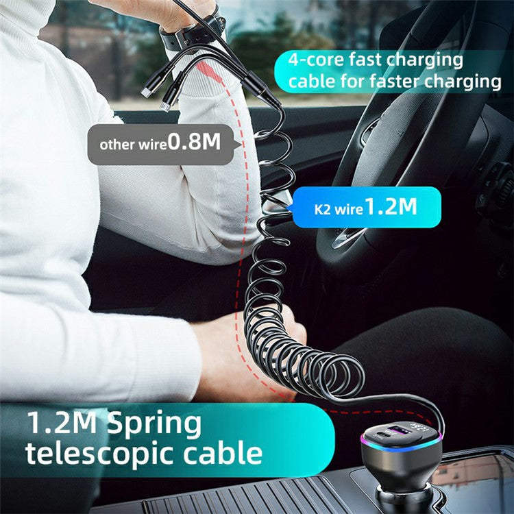 K2S PD 65W Phone Fast Charging Adapter USB+Type-C Car Charger with Type-C / 8-Pin Spring Cable